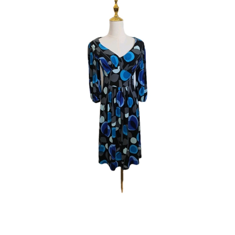 Women's BISOU BISOU Blue Geometric Fit-Flare Dress 3/4 Sleeve Size 8 Classic